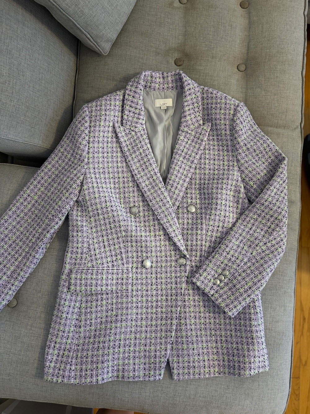 LOFT Lavender Plaid Tweed Double-Breasted Blazer Chanel style sz14